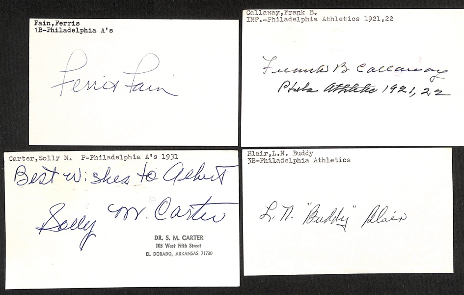 Lot of (55+) Signed Baseball Philadelphia Athletics Index Cards inc. Elmer Valo, Bucky Walters, (2) Ferris Fain, Frank Callaway, Doc Cramer + (JSA Auction Letter) 