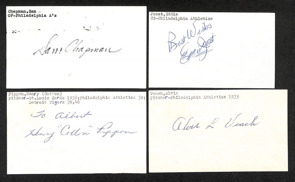 Lot of (55+) Signed Baseball Philadelphia Athletics Index Cards inc. Elmer Valo, Bucky Walters, (2) Ferris Fain, Frank Callaway, Doc Cramer + (JSA Auction Letter) 