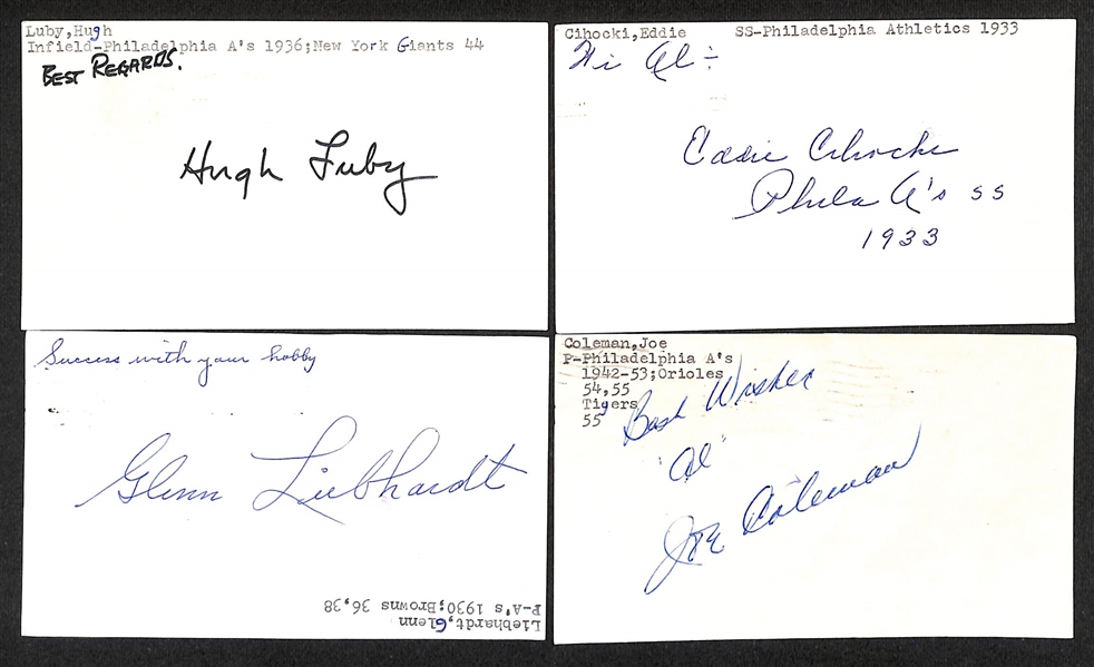 Lot of (55+) Signed Baseball Philadelphia Athletics Index Cards inc. Elmer Valo, Bucky Walters, (2) Ferris Fain, Frank Callaway, Doc Cramer + (JSA Auction Letter) 