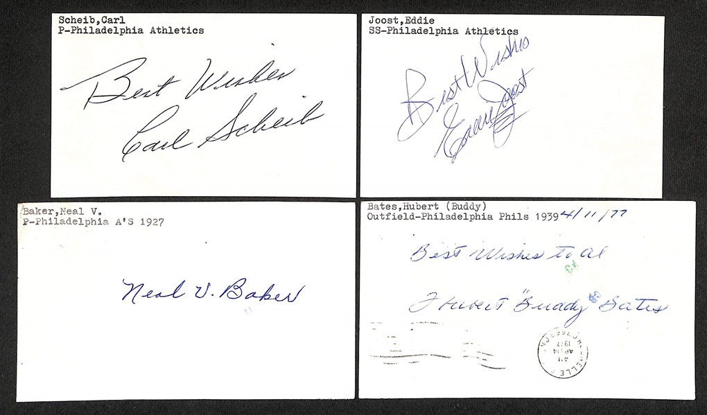 Lot of (55+) Signed Baseball Philadelphia Athletics Index Cards inc. Elmer Valo, Bucky Walters, (2) Ferris Fain, Frank Callaway, Doc Cramer + (JSA Auction Letter) 