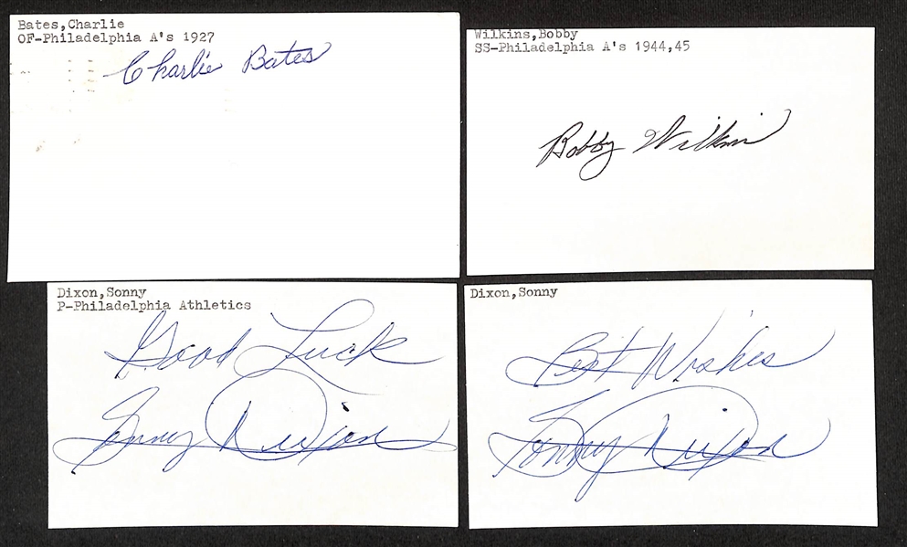 Lot of (55+) Signed Baseball Philadelphia Athletics Index Cards inc. Elmer Valo, Bucky Walters, (2) Ferris Fain, Frank Callaway, Doc Cramer + (JSA Auction Letter) 