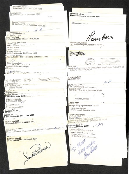 Lot of (100+) Signed Philadelphia Phillies Index Cards inc. Steve Carlton, Stan Lopata, John Pezzullo, Gene Corbett, Ralph Caballero, Darren Daulton, (2) Chris Short, + (JSA Auction Letter)