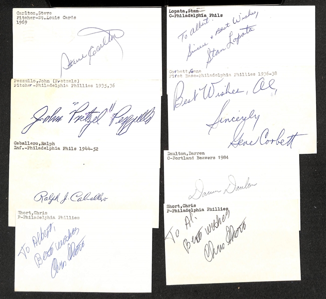 Lot of (100+) Signed Philadelphia Phillies Index Cards inc. Steve Carlton, Stan Lopata, John Pezzullo, Gene Corbett, Ralph Caballero, Darren Daulton, (2) Chris Short, + (JSA Auction Letter)