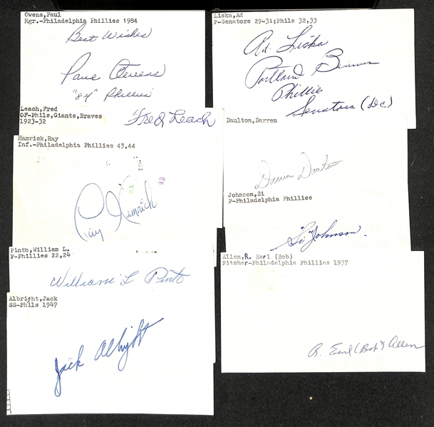 Lot of (100+) Signed Philadelphia Phillies Index Cards inc. Steve Carlton, Stan Lopata, John Pezzullo, Gene Corbett, Ralph Caballero, Darren Daulton, (2) Chris Short, + (JSA Auction Letter)