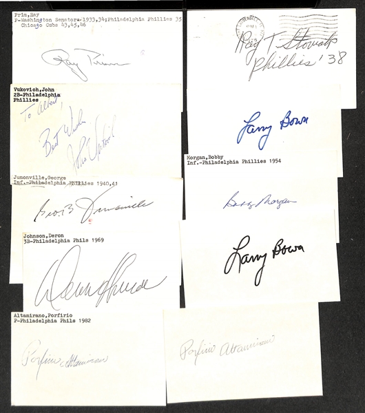 Lot of (100+) Signed Philadelphia Phillies Index Cards inc. Steve Carlton, Stan Lopata, John Pezzullo, Gene Corbett, Ralph Caballero, Darren Daulton, (2) Chris Short, + (JSA Auction Letter)