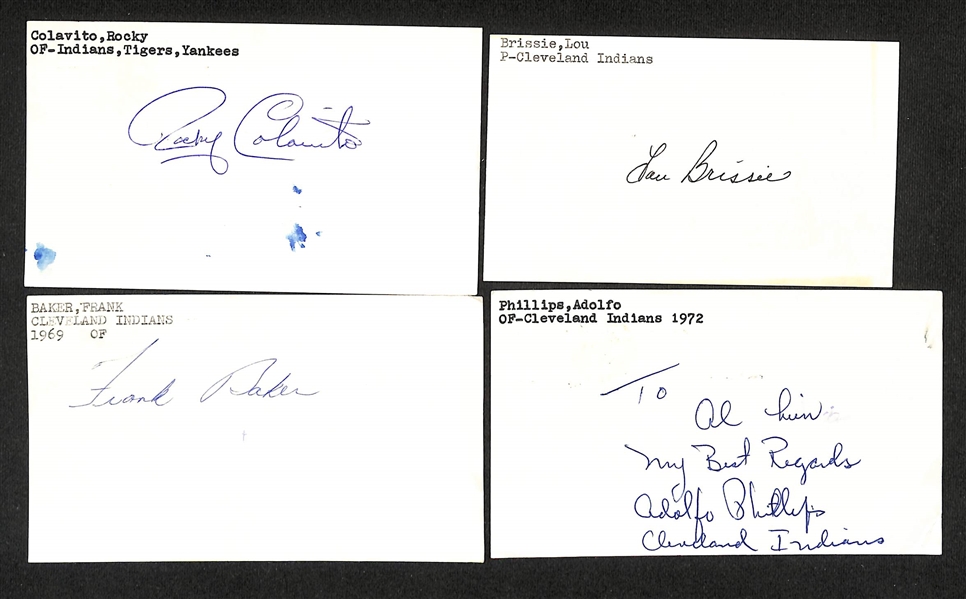 Lot of (50+) Signed Indians + Dodgers Index Cards inc. Rocky Colavito, Lou Brissie, Adolfo Phillips, Frank Baker, Bob Lemon, + (JSA Auction Letter)