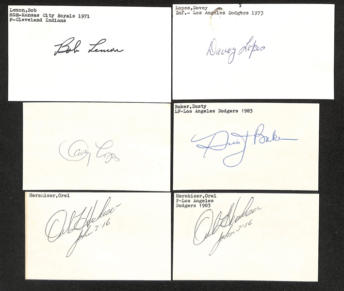 Lot of (50+) Signed Indians + Dodgers Index Cards inc. Rocky Colavito, Lou Brissie, Adolfo Phillips, Frank Baker, Bob Lemon, + (JSA Auction Letter)