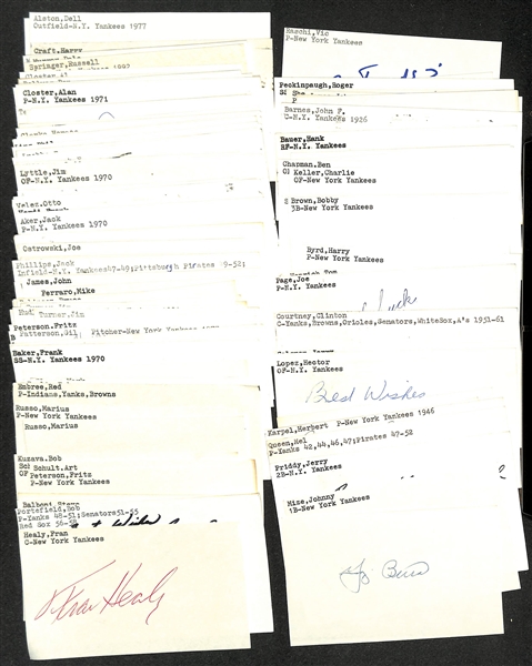 Lot of (100+) Signed New York Yankees Index Cards inc. Yogi Berra, Johnny Mize, Jerry Priddy, Mel Queen, + (JSA Auction Letter)