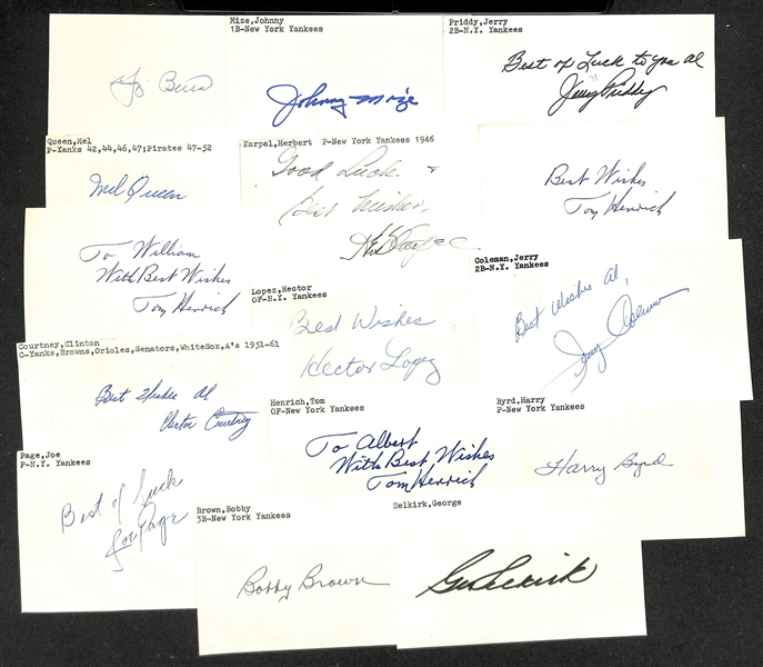 Lot of (100+) Signed New York Yankees Index Cards inc. Yogi Berra, Johnny Mize, Jerry Priddy, Mel Queen, + (JSA Auction Letter)