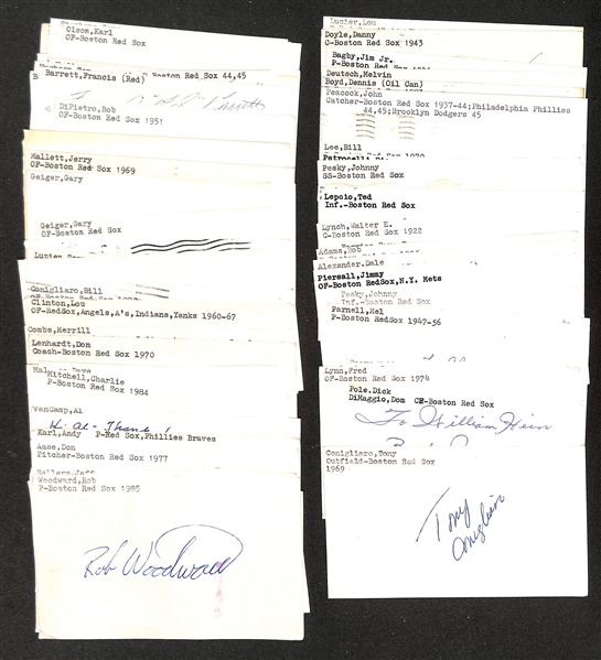 Lot of (50+) Signed Boston Red Sox Index Cards inc. Tony Conigliaro, Dom DiMaggio, Fred Lynn, Lou Boudreau, Bobby Doerr, Wade Boggs, + (JSA Auction Letter)