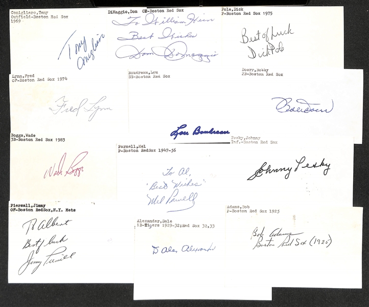 Lot of (50+) Signed Boston Red Sox Index Cards inc. Tony Conigliaro, Dom DiMaggio, Fred Lynn, Lou Boudreau, Bobby Doerr, Wade Boggs, + (JSA Auction Letter)