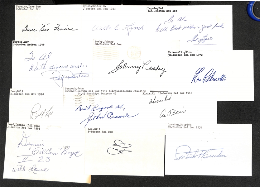 Lot of (50+) Signed Boston Red Sox Index Cards inc. Tony Conigliaro, Dom DiMaggio, Fred Lynn, Lou Boudreau, Bobby Doerr, Wade Boggs, + (JSA Auction Letter)