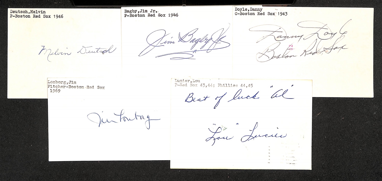 Lot of (50+) Signed Boston Red Sox Index Cards inc. Tony Conigliaro, Dom DiMaggio, Fred Lynn, Lou Boudreau, Bobby Doerr, Wade Boggs, + (JSA Auction Letter)