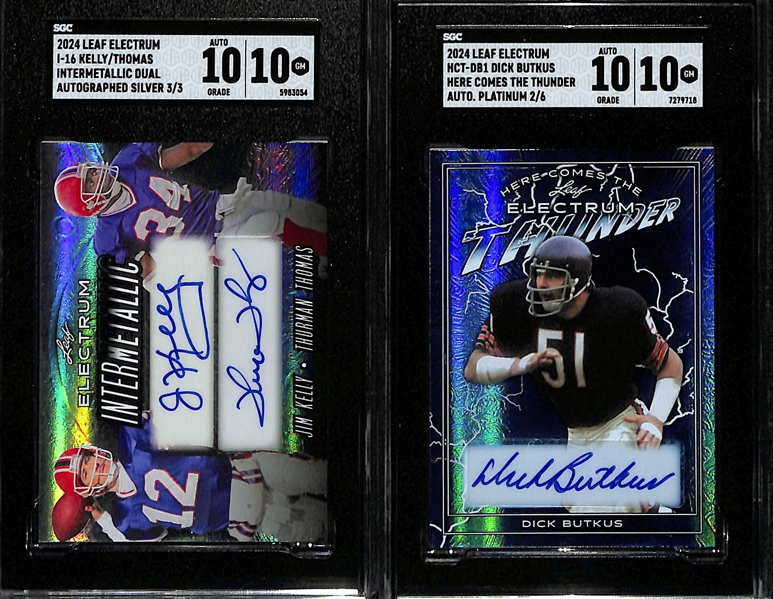 Lot of (2) SGC 10 2024 Leaf Electrum Autographed Football Cards inc. Jim Kelly & Thurman Thomas Dual Auto #/3 & Dick Butkis #/10