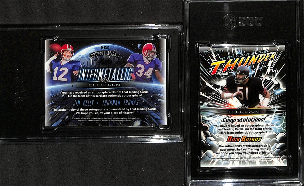 Lot of (2) SGC 10 2024 Leaf Electrum Autographed Football Cards inc. Jim Kelly & Thurman Thomas Dual Auto #/3 & Dick Butkis #/10