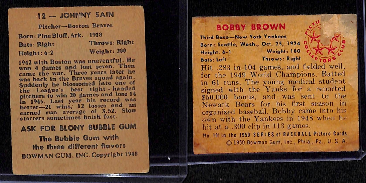 (2) Signed Baseball Cards - 1948 Bowman Johnny Sain Rookie Card and 1950 Bowman Bobby Brown (JSA Auction Letter) 