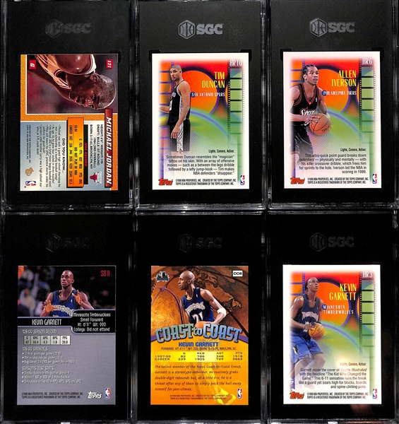 Lot of (6) SGC Graded Late 1990s Basketball Cards inc. 1994-95 Topps Embossed Michael Jordan (SGC 9.5), 1999-00 Topps Tim Duncan Highlight Reel (SGC 10), +