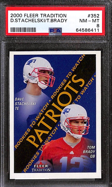 Lot of (3) 2000 Tom Brady Rookie Cards - Fleer Tradition PSA 8/Upper Deck SGC 5/Pacific Aurora PSA 6