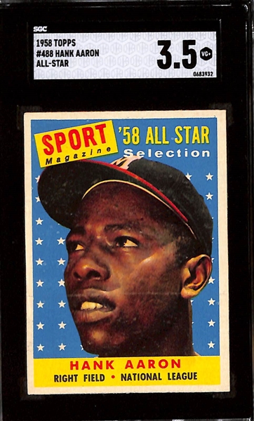 Lot of (3) 1958 Topps Cards - Hank Aaron All Star (SGC 3.5), Curt Flood Rookie (SGC 4), Jim Bunning (SGC 5.5)