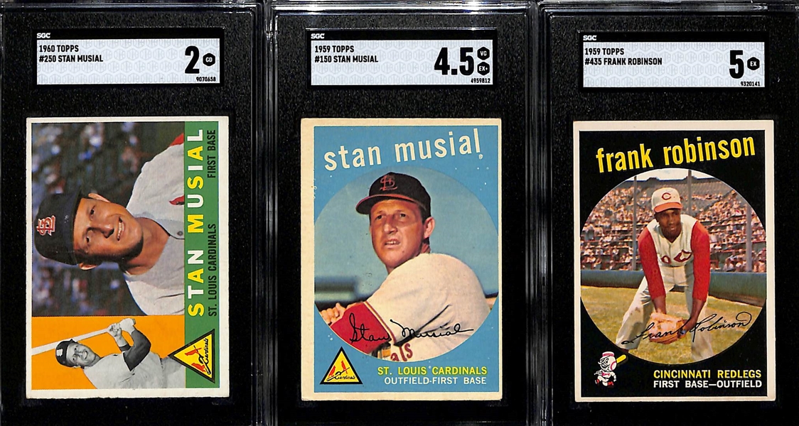 (3) Card Graded Lot - 1959 Topps Stan Musial 4.5#150 (SGC), 1959 Topps Frank Robinson (SGC 5), 1960 Topps #250 (SGC 2)