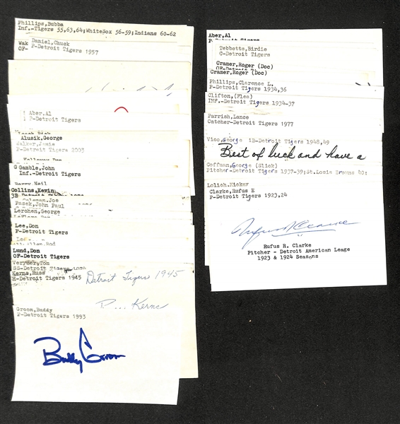 Lot of (50+) Signed Detroit Tigers Index Cards inc. Rufus Clarke, Mickey Lolich, George Coffman, Bert Cole, George Vico, + (JSA Auction Letter)