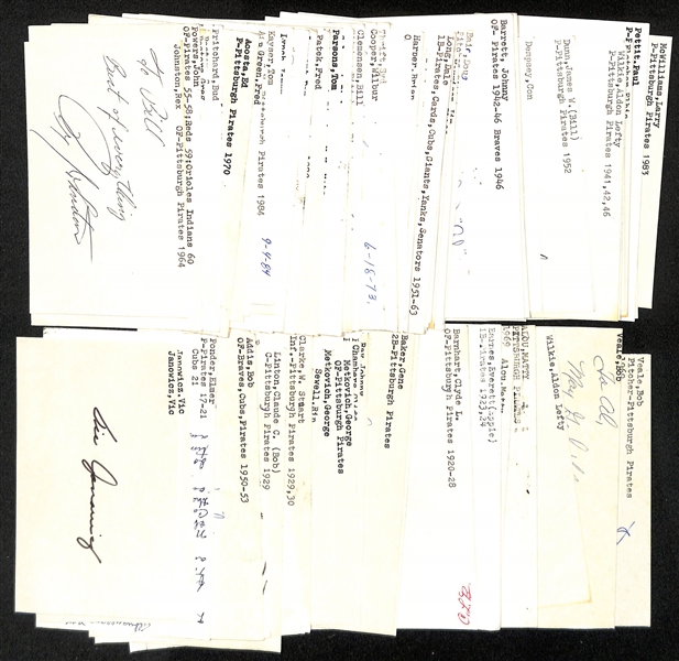 Lot of (70+) Signed Pittsburgh Pirates Index Cards inc. Elmer Ponder, Bob Addis, Bill Virdon, Claude Linton, Dave Parker, (2) Vic Janowicz, + (JSA Auction Letter)