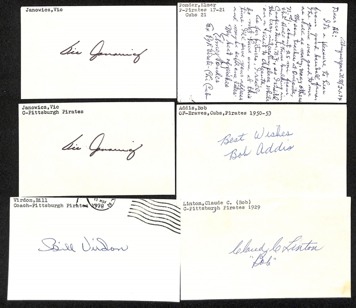 Lot of (70+) Signed Pittsburgh Pirates Index Cards inc. Elmer Ponder, Bob Addis, Bill Virdon, Claude Linton, Dave Parker, (2) Vic Janowicz, + (JSA Auction Letter)