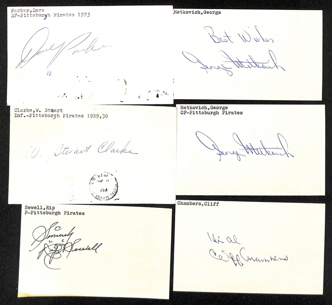 Lot of (70+) Signed Pittsburgh Pirates Index Cards inc. Elmer Ponder, Bob Addis, Bill Virdon, Claude Linton, Dave Parker, (2) Vic Janowicz, + (JSA Auction Letter)