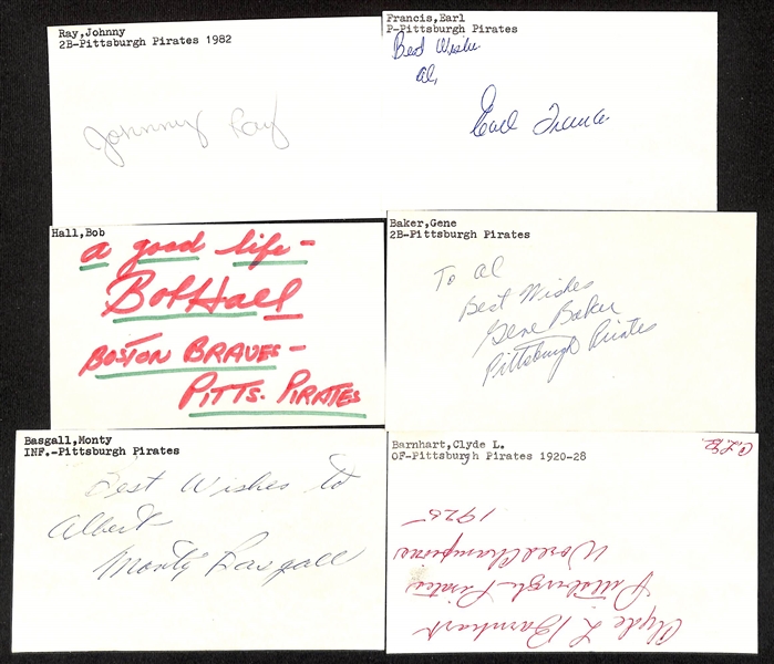 Lot of (70+) Signed Pittsburgh Pirates Index Cards inc. Elmer Ponder, Bob Addis, Bill Virdon, Claude Linton, Dave Parker, (2) Vic Janowicz, + (JSA Auction Letter)