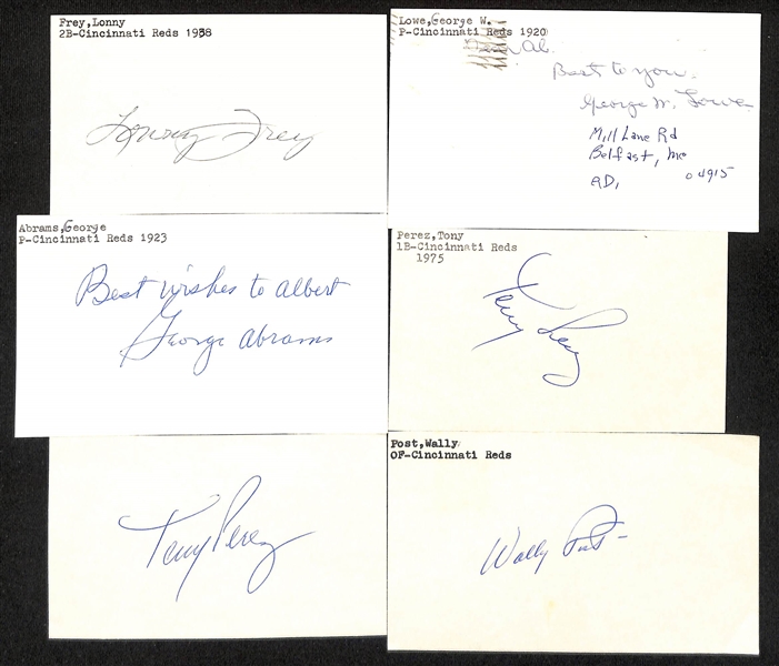 Lot of (100+) Signed Cincinnati Reds Index Cards inc. (2) Tony Perez, George Abrams, George Lowe, Wally Post, (2) Rob Dibble, Lonny Frey, Dave Concepcion, (5) Johnny Vander Meer, + (JSA Auction...