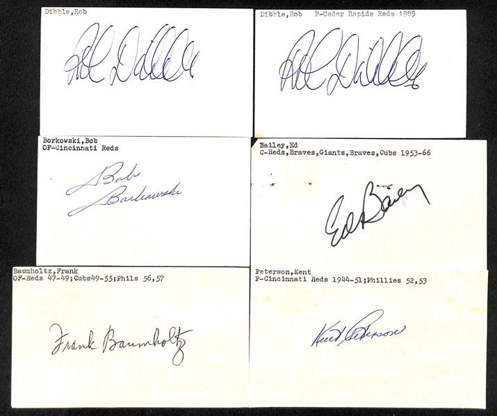 Lot of (100+) Signed Cincinnati Reds Index Cards inc. (2) Tony Perez, George Abrams, George Lowe, Wally Post, (2) Rob Dibble, Lonny Frey, Dave Concepcion, (5) Johnny Vander Meer, + (JSA Auction...