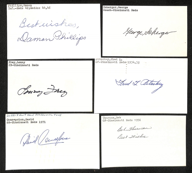 Lot of (100+) Signed Cincinnati Reds Index Cards inc. (2) Tony Perez, George Abrams, George Lowe, Wally Post, (2) Rob Dibble, Lonny Frey, Dave Concepcion, (5) Johnny Vander Meer, + (JSA Auction...