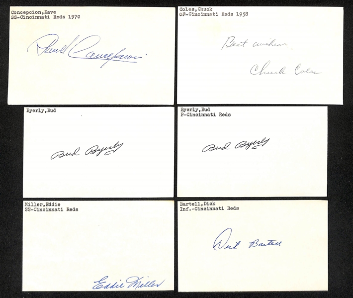 Lot of (100+) Signed Cincinnati Reds Index Cards inc. (2) Tony Perez, George Abrams, George Lowe, Wally Post, (2) Rob Dibble, Lonny Frey, Dave Concepcion, (5) Johnny Vander Meer, + (JSA Auction...