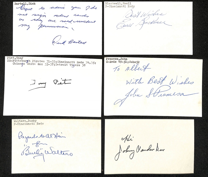 Lot of (100+) Signed Cincinnati Reds Index Cards inc. (2) Tony Perez, George Abrams, George Lowe, Wally Post, (2) Rob Dibble, Lonny Frey, Dave Concepcion, (5) Johnny Vander Meer, + (JSA Auction...