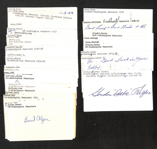 Lot of (40+) Signed Washington Senators Index Cards inc. Gordon Phelps, Mickey Vernon, James Uchrinscko, Hank Coppola, Cecil Travis, (2) George Case, + (JSA Auction Letter)