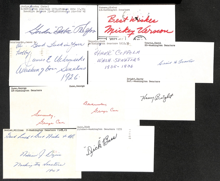 Lot of (40+) Signed Washington Senators Index Cards inc. Gordon Phelps, Mickey Vernon, James Uchrinscko, Hank Coppola, Cecil Travis, (2) George Case, + (JSA Auction Letter)