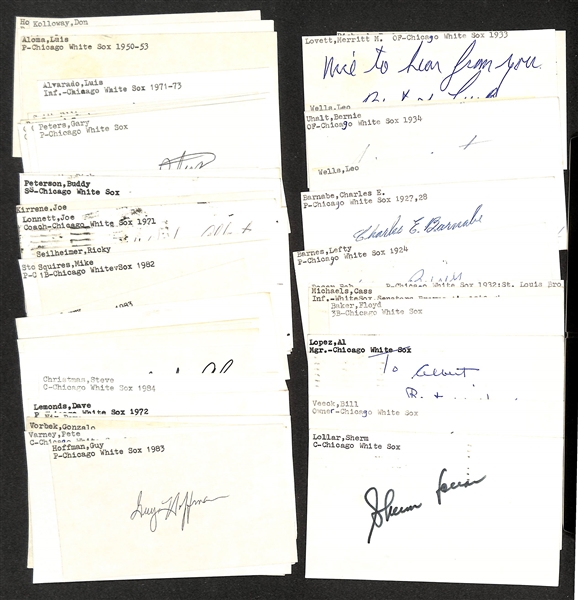 Lot of (40+) Signed Chicago White Sox Index Cards inc. Bill Veeck, Al Lopez, Floyd Baker, Cass Michaels,  Sherm Lollar, + (JSA Auction Letter)