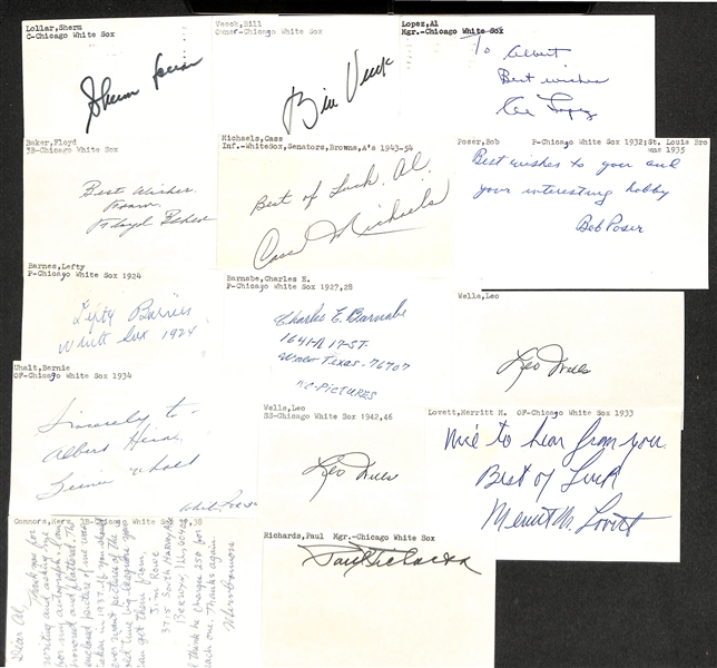 Lot of (40+) Signed Chicago White Sox Index Cards inc. Bill Veeck, Al Lopez, Floyd Baker, Cass Michaels,  Sherm Lollar, + (JSA Auction Letter)