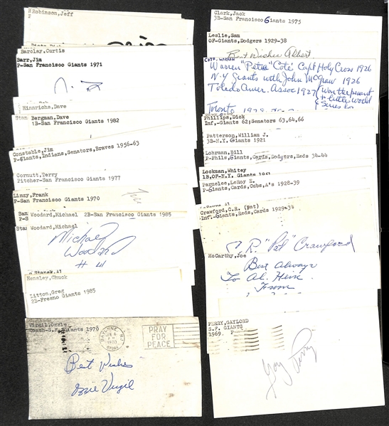 Lot of (50+) Signed NY & SF Giants Index Cards - Gaylord Perry, Wellington Mara, Jack Clark, Joe McCarthy, CR Crawford, Wes Westrum, Al LeFevre, LeRoy Parmelee, Jack Lohrke, + (JSA Auction Letter)