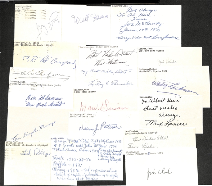 Lot of (50+) Signed NY & SF Giants Index Cards - Gaylord Perry, Wellington Mara, Jack Clark, Joe McCarthy, CR Crawford, Wes Westrum, Al LeFevre, LeRoy Parmelee, Jack Lohrke, + (JSA Auction Letter)