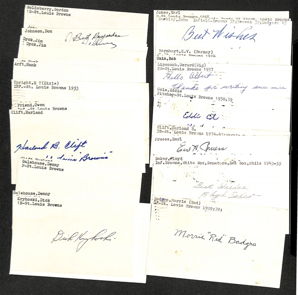 Lot of (30) Signed St Louis Browns Index Cards inc. Floyd, Earl Pruess, Harlond Clift, Morris Badgro, Gerard Lipscomb, Bob Cain, + (JSA Auction Letter)