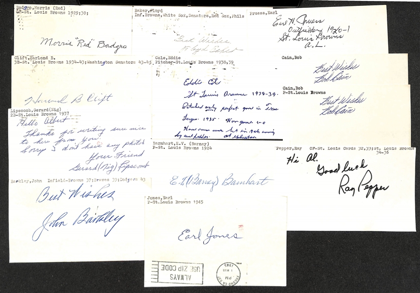 Lot of (30) Signed St Louis Browns Index Cards inc. Floyd, Earl Pruess, Harlond Clift, Morris Badgro, Gerard Lipscomb, Bob Cain, + (JSA Auction Letter)