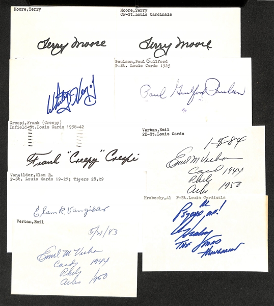 Lot of (100+) Signed St Louis Cardinals Whitey Herzog, Max Lanier, (2) Terry Moore, + (JSA Auction Letter)