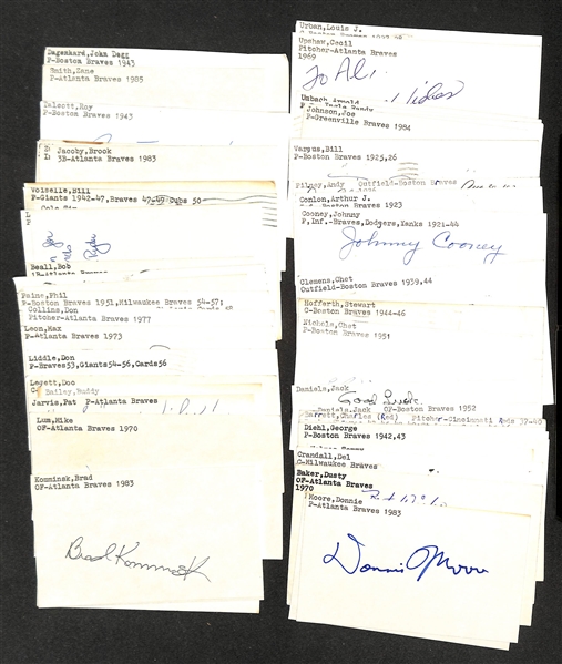 Lot of (100+) Signed Braves Index Cards inc. (2) Donnie Moore, Dusty Baker, Del Crandall, Tommy Holmes, George Diehl, + (JSA Auction Letter)