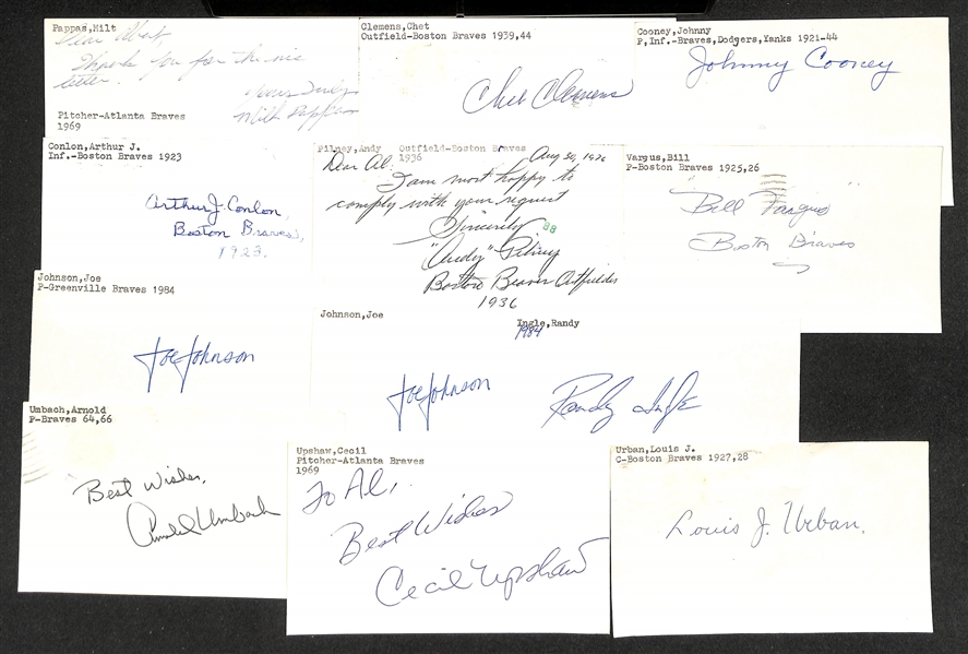 Lot of (100+) Signed Braves Index Cards inc. (2) Donnie Moore, Dusty Baker, Del Crandall, Tommy Holmes, George Diehl, + (JSA Auction Letter)