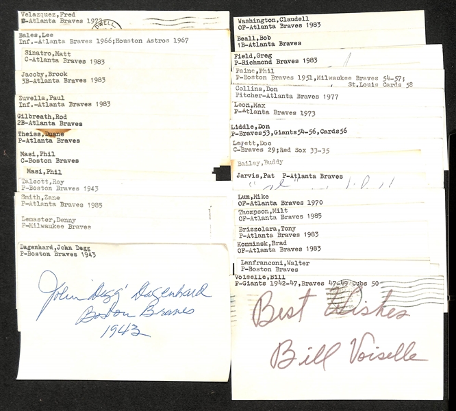 Lot of (100+) Signed Braves Index Cards inc. (2) Donnie Moore, Dusty Baker, Del Crandall, Tommy Holmes, George Diehl, + (JSA Auction Letter)