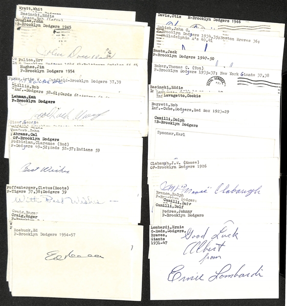 Lot of (40+) Signed Brooklyn Dodgers Index Cards inc. Ernie Lombardi, Johnny Podres, (2) Dolf Camilli, Ralph Branca, (2) Karl Spooner, + (JSA Auction Letter)