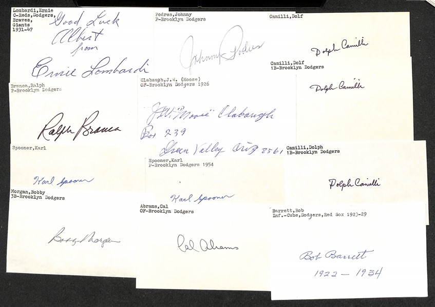 Lot of (40+) Signed Brooklyn Dodgers Index Cards inc. Ernie Lombardi, Johnny Podres, (2) Dolf Camilli, Ralph Branca, (2) Karl Spooner, + (JSA Auction Letter)