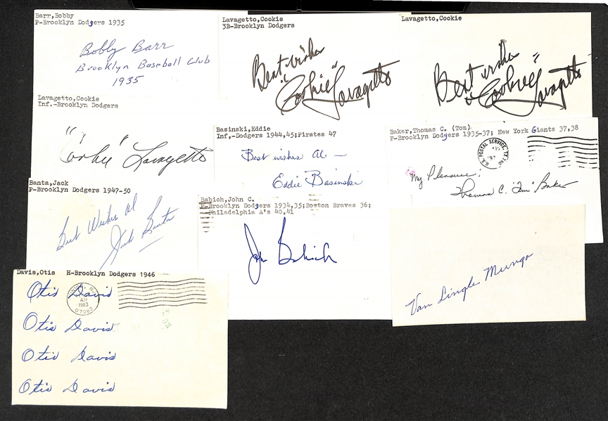 Lot of (40+) Signed Brooklyn Dodgers Index Cards inc. Ernie Lombardi, Johnny Podres, (2) Dolf Camilli, Ralph Branca, (2) Karl Spooner, + (JSA Auction Letter)