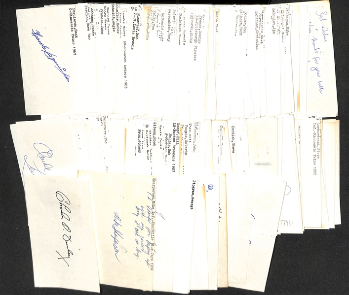 Lot of (500+) Signed Baseball index Cards inc. Charles Finley, Mike Sharperson, Spud Chandler, George Pipgras, + (JSA Auction Letter)